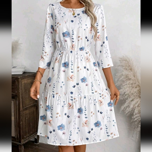 Women Floral Print Round Neck 3/4 Sleeve Ruffle Hem Casual Dress - Picture 3 of 4
